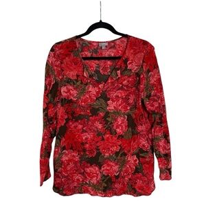 J. Jill Women’s Medium Brown Pink & Red Floral Popover Blouse